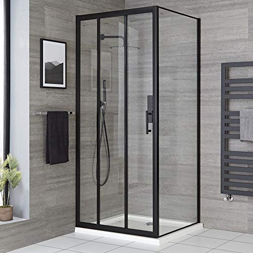 MILANO 900mm Triple Sliding Shower Enclosure Door 700mm Side Panel Black | Toughened Glass Panels. Aluminium Profile. Contemporary Style. Framed Design. Corner Installation.