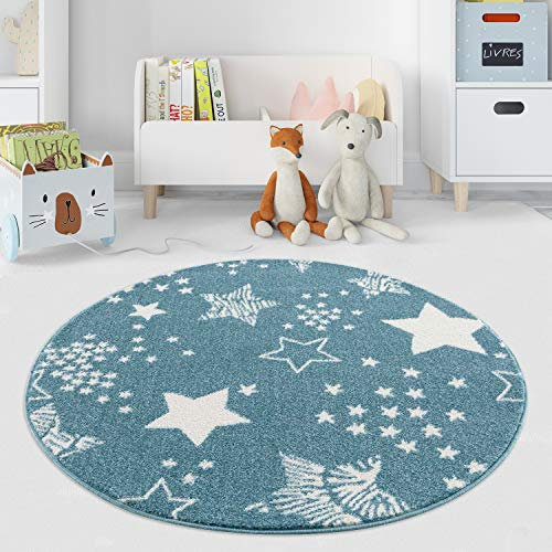 payé Teppich Rund Kinderzimmer - Blau - 160x160cm - Spielteppich mit Sternenhimmel Kurzflor Kinderteppich - Oeko-Tex Standard 100