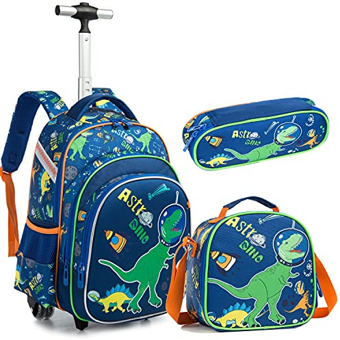 Rucksack Junge Schulranzen Trolley Schulrucksack Mädchen Teenager 3PCS 16” Kinder Schultrolley Geeignet für Schule und Reise Essensbeutel und Federmäppchen Grüner Dinosaurier Rollenrucksack
