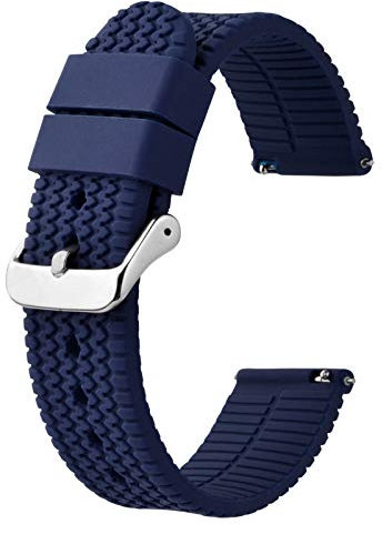 BISONSTRAP Bracelet de Montre en Silicone avec Dégagement Rapide, 18mm Bande de Remplacement, Bleu Foncé/Boucle Argent