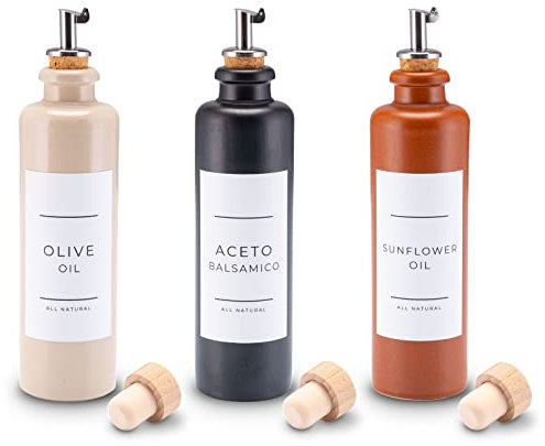 Lifestyle Lover Öl und Essig Set Steinzeug Keramik Spender Falsche Olivenöl Balsamico mit Ausgießer und Naturkorken 200ml (3er Pack Olive Oil, Balsamico, Sunflower)