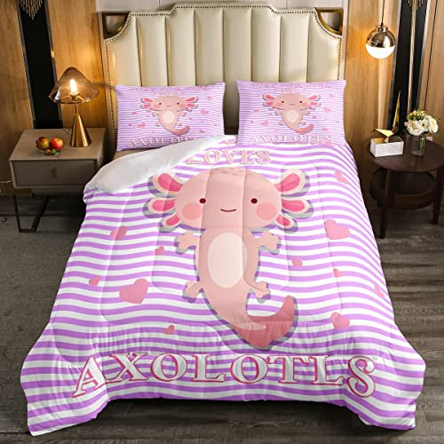 Axolotl Bettwäsche Set Kawaii Axolotl Bettwäsche 135 x 200 Rosa süßes Tier Daunendecke für Kinder Mädchen Zimmerdekoration geometrische Streifen Linien Bettdecke niedliches Haustier Bettwäsche