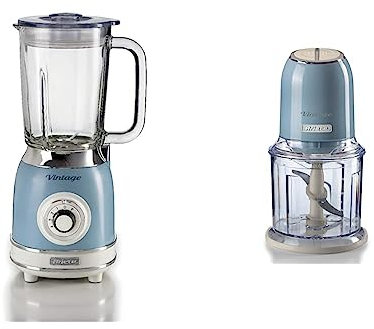 Ariete Mixeur en Verre Vintage 583, Blender Multifonctionnel avec 4 Lames, 4 Vitesses + Impulsion, Fonction Broyeur de Glace & Vintage 438, Broyeur Electrique de Légumes