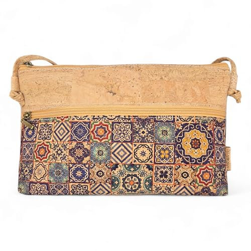 DeCarbonize Umhängetasche aus Kork Crossbody Veganleder Nachhaltig Damen Handtasche (Fliesen Muster1)