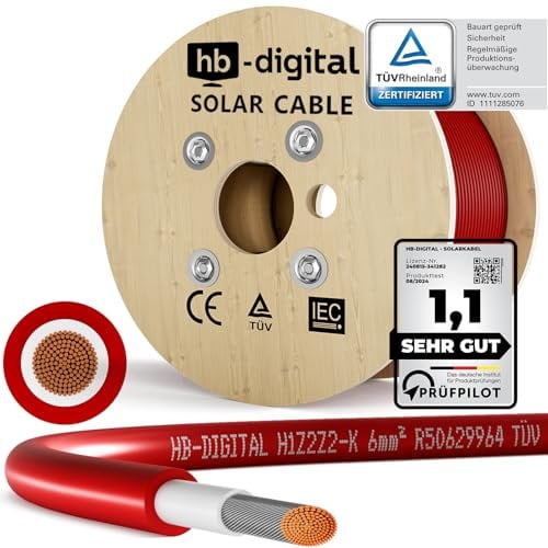 HB-DIGITAL 500m Solarkabel H1Z2Z2-K - TÜV Rheinland zertifiziertes - 6mm² flexibel UV witterungsbeständig PV Kabel reines Kupfer 1500V DC für Solarpanel Wechselrichter Photovoltaik - Rot