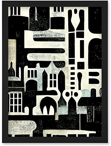 Wee Blue Coo Bold Monochrome Modern Vintage Abstract Geometric Black White Cream Grey Artwork Framed Wall Art Print A4