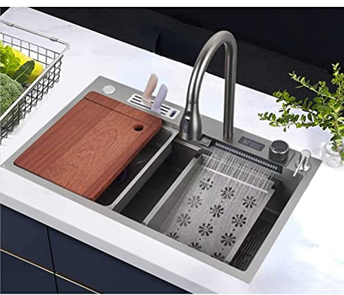 Einschalen-Küchenspüle 304 Edelstahl, Intelligenz Wasserfall Becken Spüle, Spüle Arbeitsplatz Küchenspüle Mit Ausziehbarem Wasserhahn (Color : Grigio, S : 75x46cm)