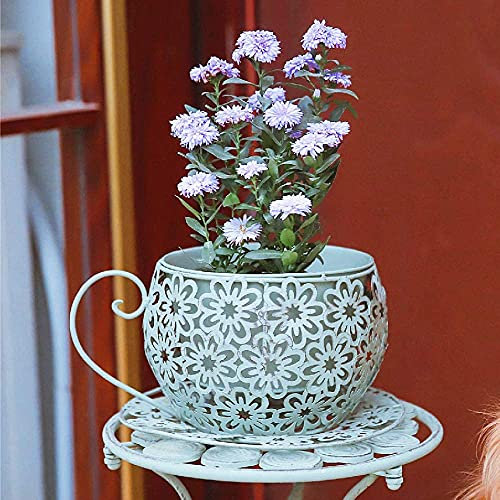 ROBAUN Figurines Flower Pot Decoration, Outdoor Iron Courtyard Garden Living Room Creative Decoration Flower Pot Vintage Planter Coffee Saucer Tea Cup Garden Plant Holder (Color : Green)