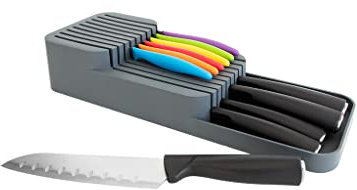BOAA Fresh Messerorganizer für 18 Messer – zweistufiger Messerblock für Küchenschublade oder freistehend, rutschfest, platzsparend, grau (39 x 14 cm)
