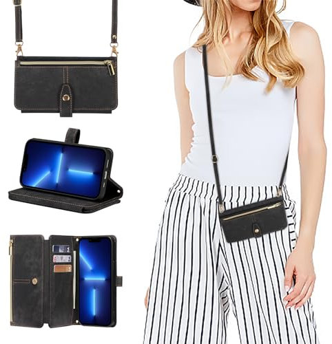ZCDAYE Hülle für iPhone 13 Pro Max mit Band Handykette, Leder Handyhülle Handytasche mit Kartenfächern Frauen Brieftasche Klapphülle Tasche iPhone 13 Pro Max (6.7 inches),Schwarz