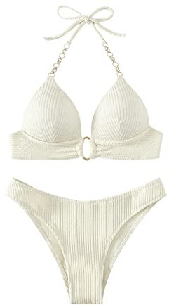 GORGLITTER Push Up Bikini Damen Set Bikini Mit Strass Kette Neckholder Bikini Zweiteiliger Badeanzug Mit Schnürung Bademode Beige M