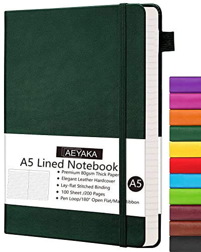 AEYAKA Liniert notizbuch A5 Journal Notizbuch A5 Liniertes Tagebuch Hardcover und Elastischem Verschlusst Stifthalter PU-Lederhülle Thick 80gsm Paper, 15 x 21 cm (Liniert, Dunkelgrün)