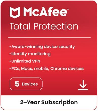 McAfee Total Protection 5-Device 2025 | 24-Months| Antivirus, VPN, Scam Protection, Identity Monitoring | 2 Year Subscription with Auto-Renewal | Digital download