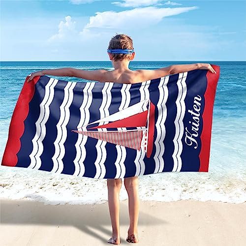 SearchI Personalisiertes Strandtuch mit Namen 76x152cm Kein Sand Schnell Trocknendes Badetuch Mikrofaser Strandtuch Personalisierte Geschenke für Fitness,Reisen,Strand,Sauna,Outdoor(Segelboot)