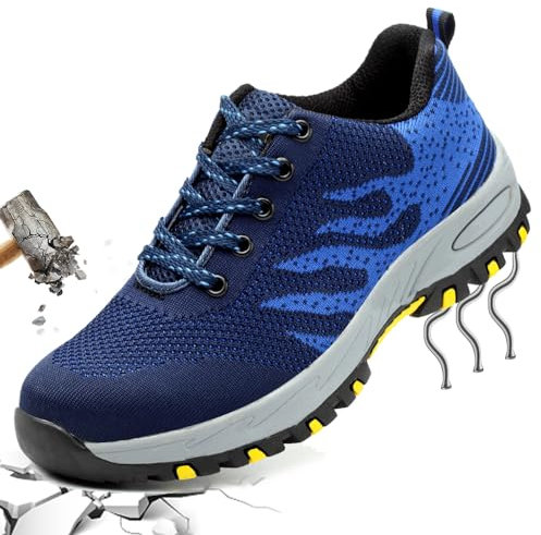 PHMNZIP Arbeitsschuhe Herren Leicht 45 Sicherheitsschuhe mit Stahlkappe Arbeit Schuhe Männer Sicherheit Sneaker Turnschuhe Sportlich Schutzschuhe für Kinder Jungen Blau