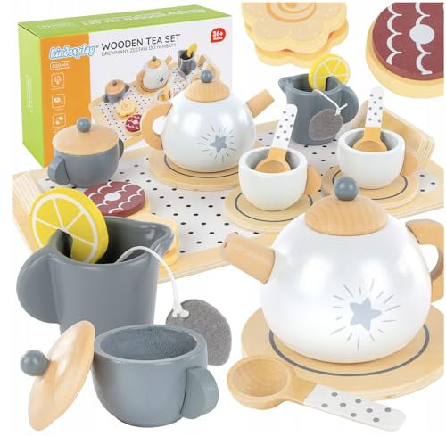 Teeservice Kinder Holz – 17-teiliges Teeset für Kinder ab 3 Jahren – Spielküche Rollenspiel Jungen Mädchen – Geschirr Kinderküche Plastik – Geschenk Weihnachten Geburtstag Indoor Outdoor