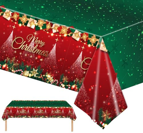 POPOYU Tovaglia Natalizia in Plastica, Rettangolare, 137 x 274 cm, Rosso Verde, Resistente alle Macchie, Per Feste di Natale, Cena del Ringraziamento, Barbecue, Baby Shower, Picnic