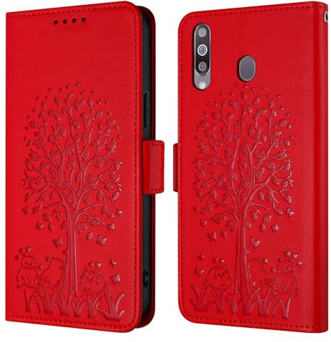 Feyten für Samsung Galaxy A20S Hülle,PU Leder Tasche Flip Case Lederhülle Schutzhülle, Vintage Katze und Baum Handyhülle für Samsung A20S (Red)