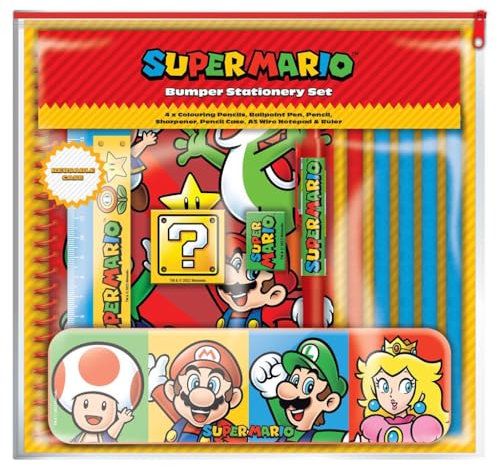 Ensemble de papeterie Super Mario (motif bloc de couleur) pour l'école et fournitures de bureau – Produit officiel