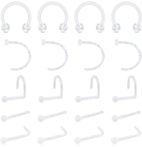 WillTen 20PCS Plastik Nasenstecker Verstecken Piercing für Schule, 20G Clear Nose Ring Nase Piercing mit Transparenten Pailletten Retainers Schmuck Set für Nase Septum Tragus Knorpel Helix