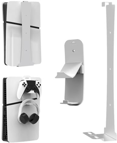 EJGAME Steel Wall Mount Bracket Compatible with PS5 Pro/Slim/PS5, Stable Metal Wall Hanging Stand for PS5 with Controller Holder & Headphone Hanger,White
