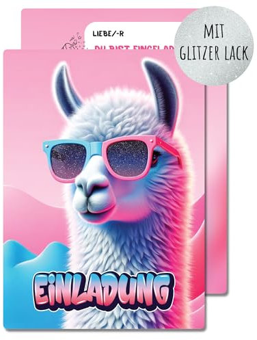 møij 12x EINLADUNGSKARTEN für Jungen & Mädchen Kindergeburtstag - coole Karten mit Lama & Glitzer