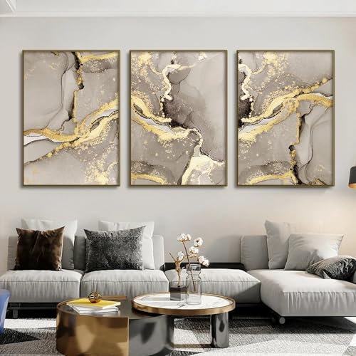 FSLEOVN 3er Set Leinwand Bilder, Beige und Gold, Abstrakte Poster Marmor, Moderne Wohnzimmer Dekor, Luxus Kunstdruck Wand Bilder, Kein Rahmen (B,60x90cm x3)