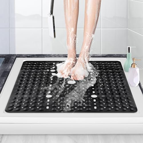 ZOKBOM Tapis de Douche Antidérapant 70x70cm | Grand Tapis de Baignoire Carré avec Ventouse Puissante, PVC Anti Moisissure Tapis de Bain en Caoutchouc pour Personnes âgées,Lavable en Machine (Noir)