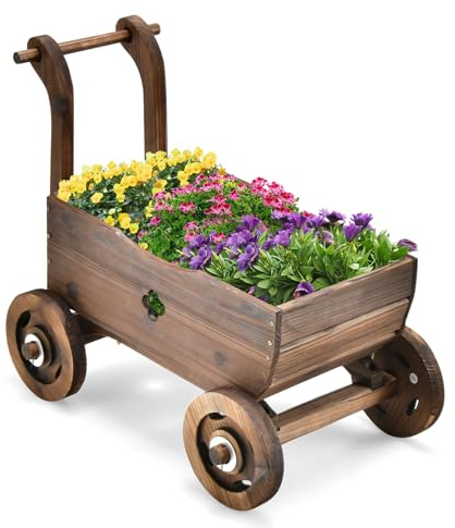 SOARS Blumenwagen Holz, Pflanzkübel mit Rädern, Griff & Abflusslöchern | Pflanzwagen, Pflanztopf, Bollerwagen, Gartendeko für Hinterhof Balkon, bis 20 kg belastbar, 68 x 38,5 x 53,5 cm