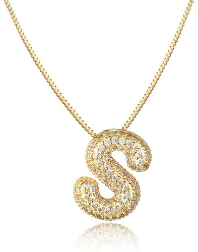 AFSTALR Damen bubble buchstaben kete Gold S ice out Balon halskette mit initial Anhanger Blase Schmuck 45+5cm