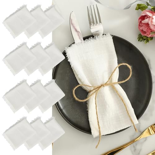 LALAGO 12 Stück Stoffservietten 45x45cm, Servietten Stoff aus Leinen mit Quasten, Weiße Leinenservietten Tischservietten für Tischdekoration für die sakramentale Taufe