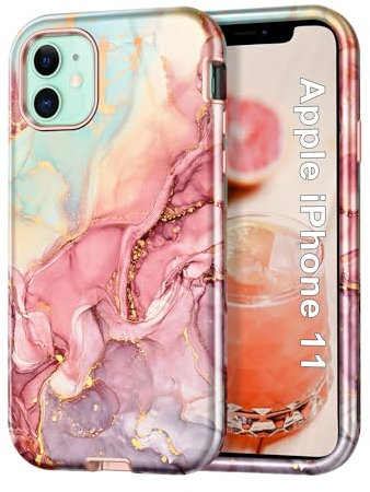 Petocase for iPhone 11 Case 6.1 inch (2019), Marble Pattern 3 in 1 Heavy Duty Shockproof Full Body Hard PC+Soft Silicone Drop Protective Women Girls Cover for iPhone 11, Rose Gold