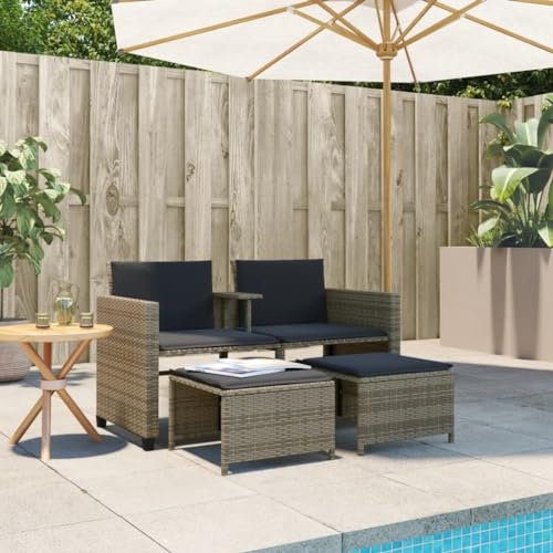 Generisch Ausziehbares Gartensofa, Rattansofa, 2-Sitzer, Loungesofa, Outdoor, mit Hocker, Kleines Balkonsofa, Balkonmöbel, Gartensofa, 2-Sitzer, Gartenmöbel-Set, Rattansofa, Balkon-Lounge, Grau