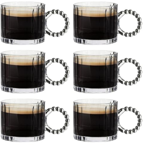Dibor Coffee Mugs Set Bevelled Glass Coffee Cup Set Contemporary Embossed Glass Cups for Tea/Coffee/Hot Chocolate Mug with Bella Perle Beaded Handle (6)