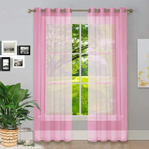 GAIFNAG Voile Vorhang Transparente Gardine 180 x 160 cm Transparent in Leinen-Optik Waschbar in Vielen Bunten Farben Schlaufen Gardinen, Voile Curtains Transparent für Hotels Büros Wohnzimmer, Rosa
