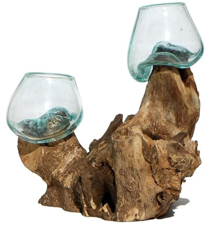 Wogeka - Doppel Glas-Vase (Ø Glas 7 cm) auf Wurzel-Holz - B-Ware - Handarbeit im modernen Style als Geschenk-Idee zur Deko Do07