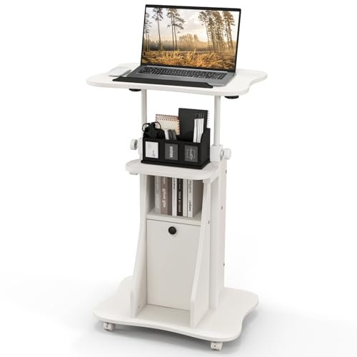 COSTWAY Mobile Laptop Table, Height Adjustable Sit Stand Desk Podium Stand Presentation Cart with Wheels, Shelves and Storage Cabinet, Home Office PC Computer Workstation (White, 55 x 40 x 68-114cm)