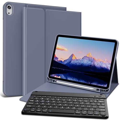 GKABXY Étui avec clavier pour iPad Air 11 (M2/M3) 2025/2024, iPad Air 5e/4e génération 11 2022/2020, dos en TPU souple avec porte-crayon, étui avec clavier folio rétroéclairé amovible, violet