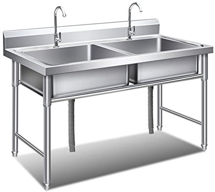 Évier autoportant en acier inoxydable, ensemble d'évier de cuisine commercial avec robinet, bol simple/double vasque, lavabo utilitaire avec drain, argenté, 120 x 60 x 80 cm