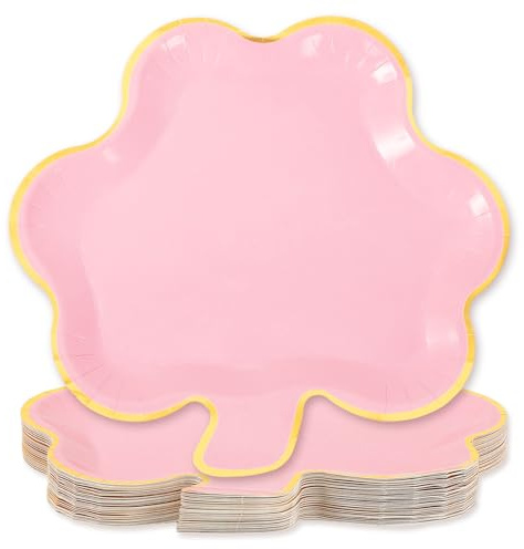 Whaline 40Pcs St. Patrick's Day Paper Plate Pink Shamrock Shaped Disposable Plate Gold Foil Clover Dinnerware Plate for Irish Party Supplies Table Decor, 9.1 x 8.7 In
