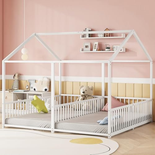 Kinderbett für 2 Kinder, 90x200cm Doppelbett mit Geländer, Leiter, Haus Modellierung Metallbett, Eisenrahmen, Bodenstehendes Plattformbett Bettrahmen für Mädchen, Jungen, Schwarz/Weiß, Ohne Matratze