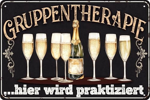Wetterfestes 14 x 20 cm Blechschild – für Prosecco, Sekt Liebhaber und Genießer – lustiger Spruch – „Gruppentherapie, hier wird praktiziert!“