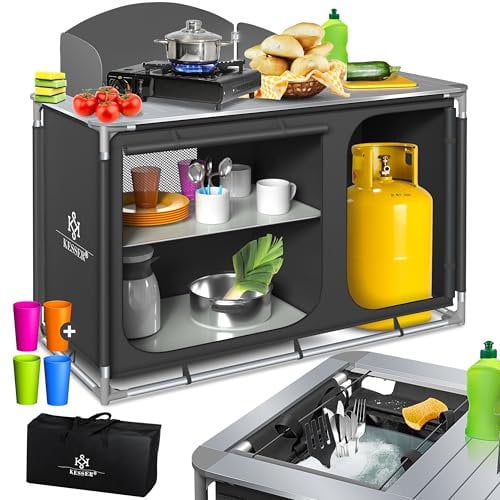 KESSER® Campingküche | Inkl. Tragetasche & Becherset | Campingschrank Faltschrank | mit Aluminiumgestell | Reiseküche | Küchenbox | Zeltschrank | Outdoor Camping Küche | Anthrazit | Typ F4