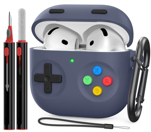 Delidigi für AirPods 4 Hülle Case, Klassische Handheld Game Console Design Silikon Schutzhülle with Reinigungsstift & Karabiner Kompatibel mit Apple Airpods 4. Generation 2024(Mitternachts Blau)