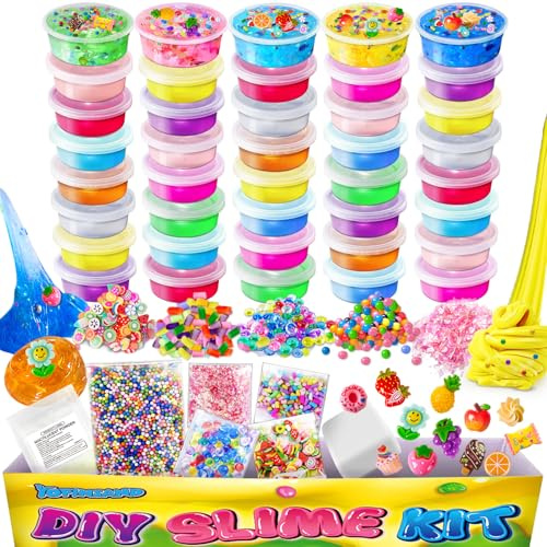 YOPINSAND 40 Colori Fai da Te Slime Kit Slime Making per Ragazze, Crystal Clear Slime, Glow in the Dark Slime con Sfere di Schiuma Aggiuntive, Charms, Glitter, Giocattolo Regalo per Bambini