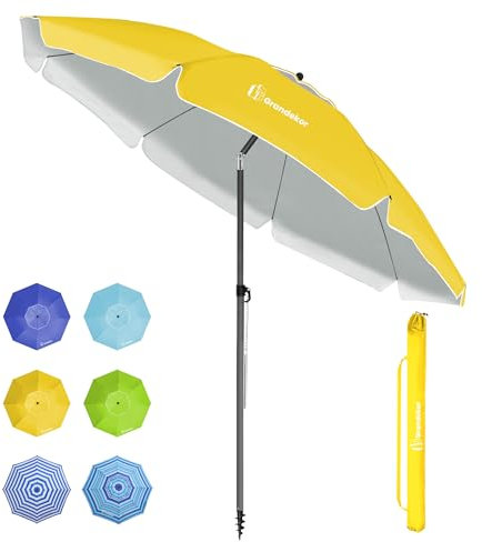 Grandekor Parasol de Plage, Parasol de Jardin Exterieur, UV50+, Ombrelle réglable en Hauteur et Inclinaison, avec Ancre de Plage de 12cm, pour Plage, Balcon & terrasse, Jaune, 200cm
