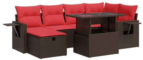 vidaXL 7 Piece Garden Sofa Set with Cushions Brown Poly Rattan Acacia, outdoor sofa set, garden lounge set
