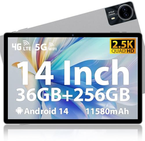 MAXLEGEN Tablet Android 14, Ecran 14 FHD 2,5K, 36Go RAM + 256Go ROM(1To Extensible), Android Tablette Tactile avec SIM 4G LTE/5G WiFi/GPS/13MP/Octa-Core/11580mAh, Étui, Écouteurs, Stylo Inclus