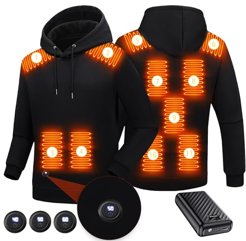 Beheizbarer Hoodie mit Akku 27000mAh 7.4V 11 Heizzonen 3 Heizstufen Elektrische Beheizte Heizweste Kapuzenpullover für Herren Damen Casual (DE/NL/SE/PL, Alphanumerisch, XL, Regular, Regular, Schwarz)