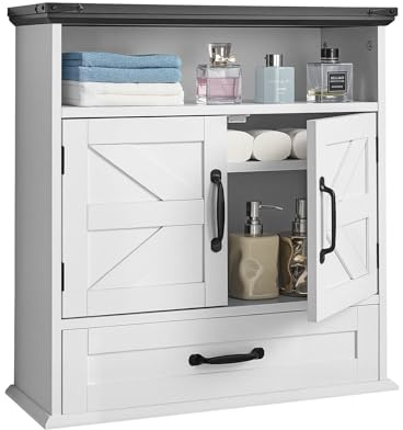 VEVOR Bathroom Wall Cabinet, 2 Doors & Adjustable Shelf, Over the Toilet Storage Medicine Cabinet Wall Mounted, Hanging Organizer with Drawer & Open Partition for Laundry Room Kitchen Restroom, White
